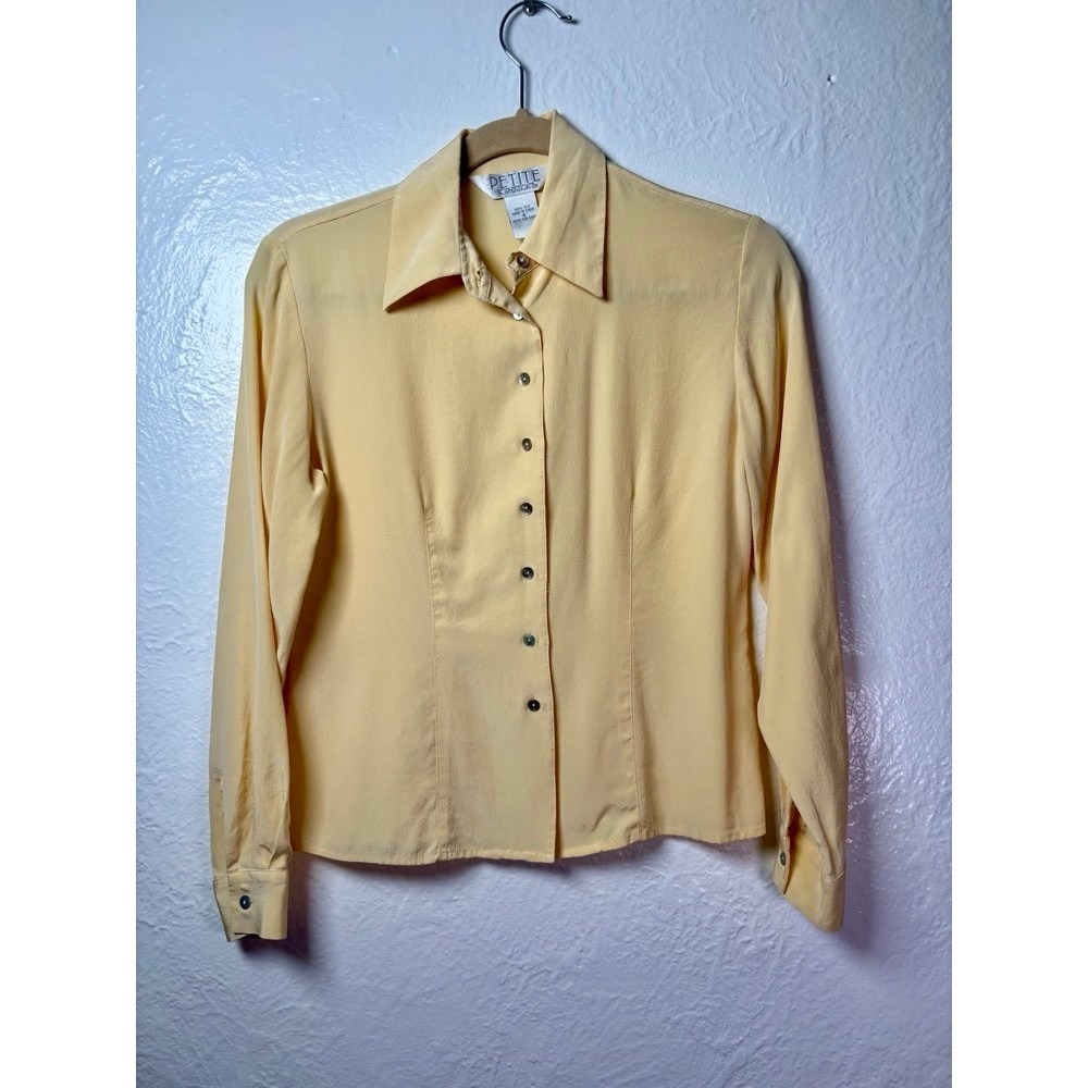 Womens Size 4 Petite Yellow Silk Button Up Long Sleeve Shirt Capsule Pastel Work